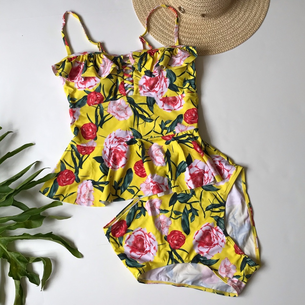 Women's Large Yellow Floral Tankini Set